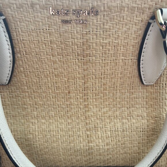 KATE SPADE White Leather Rattan Top Handle Tote Zipper Closure Crossbody Bag EUC - Picture 3 of 11